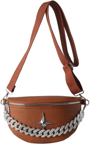 Leather Fanny Pack Bag for Women, Unique Luxurious Crossbody Belt Bag with Detachable Sliver Chain Strap Trendy Shoulder Sling Purse for Party Concert Festival