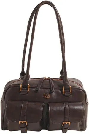 Leather Top Handle Bags for Women Top Handle Purse Retro Handbag Multi Pocket Satchel Bag Shoulder Bag Underarm Bag
