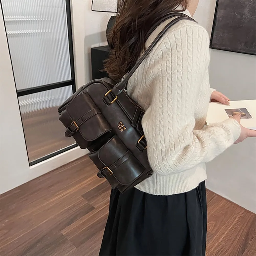 Leather Top Handle Bags for Women Top Handle Purse Retro Handbag Multi Pocket Satchel Bag Shoulder Bag Underarm Bag