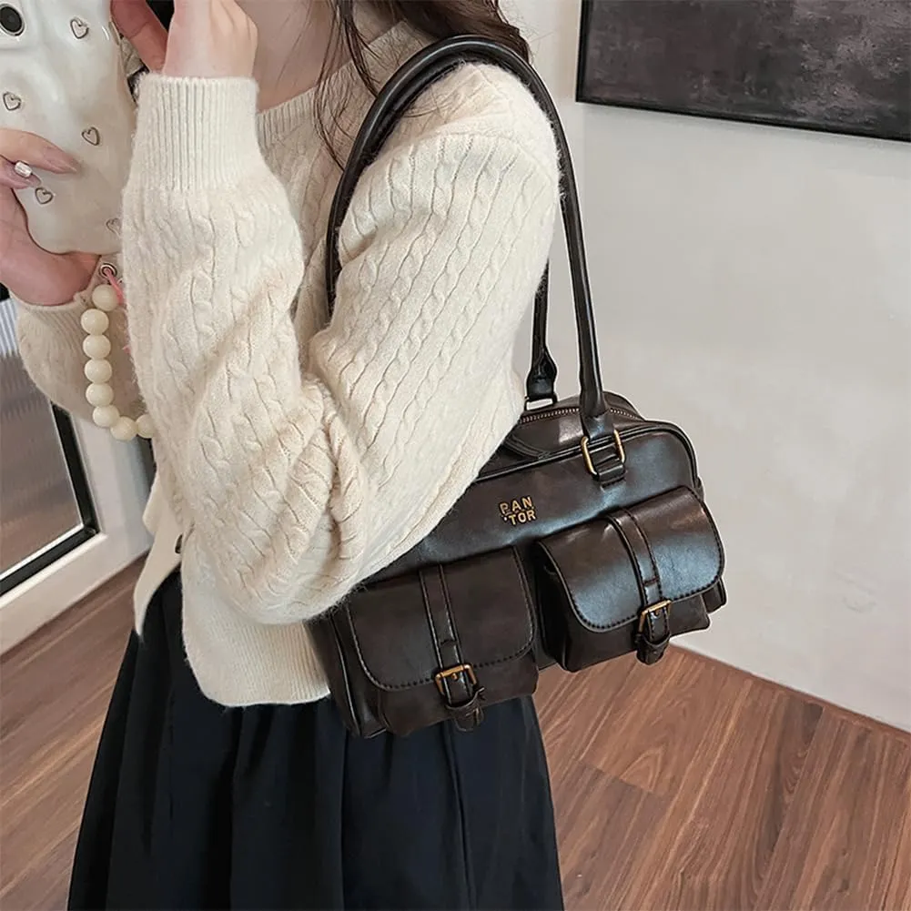 Leather Top Handle Bags for Women Top Handle Purse Retro Handbag Multi Pocket Satchel Bag Shoulder Bag Underarm Bag
