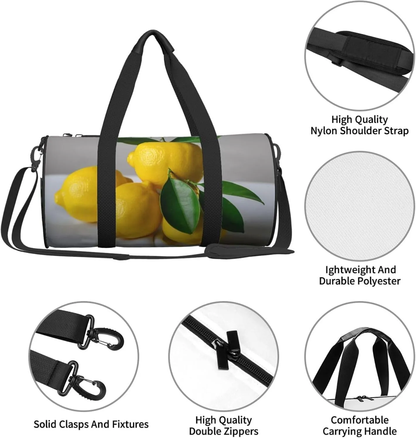 Lemon Printed Travel Bag,Round Personal Item Storage bag,Foldie Duffel Bag for Traveling Vacation,Fitness,Sports