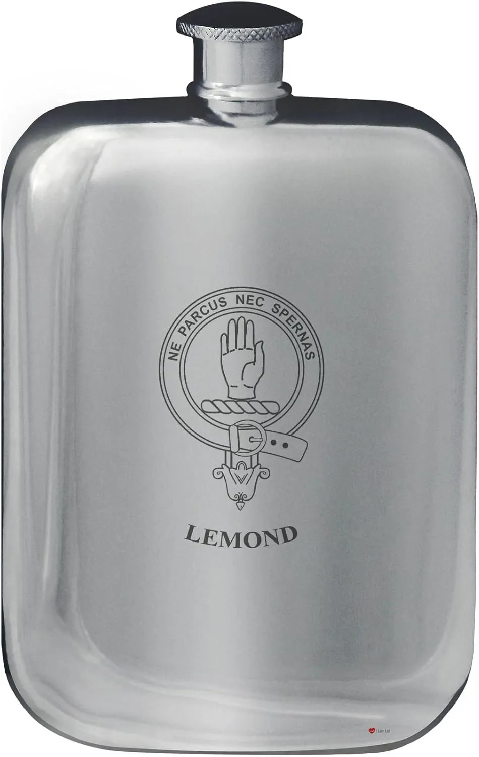 Lemond Family Crest Design Pocket Hip Flask 6oz Rounded Polished Pewter