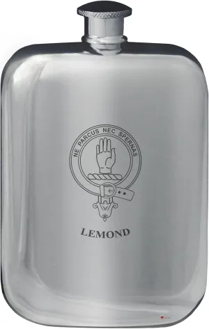 Lemond Family Crest Design Pocket Hip Flask 6oz Rounded Polished Pewter
