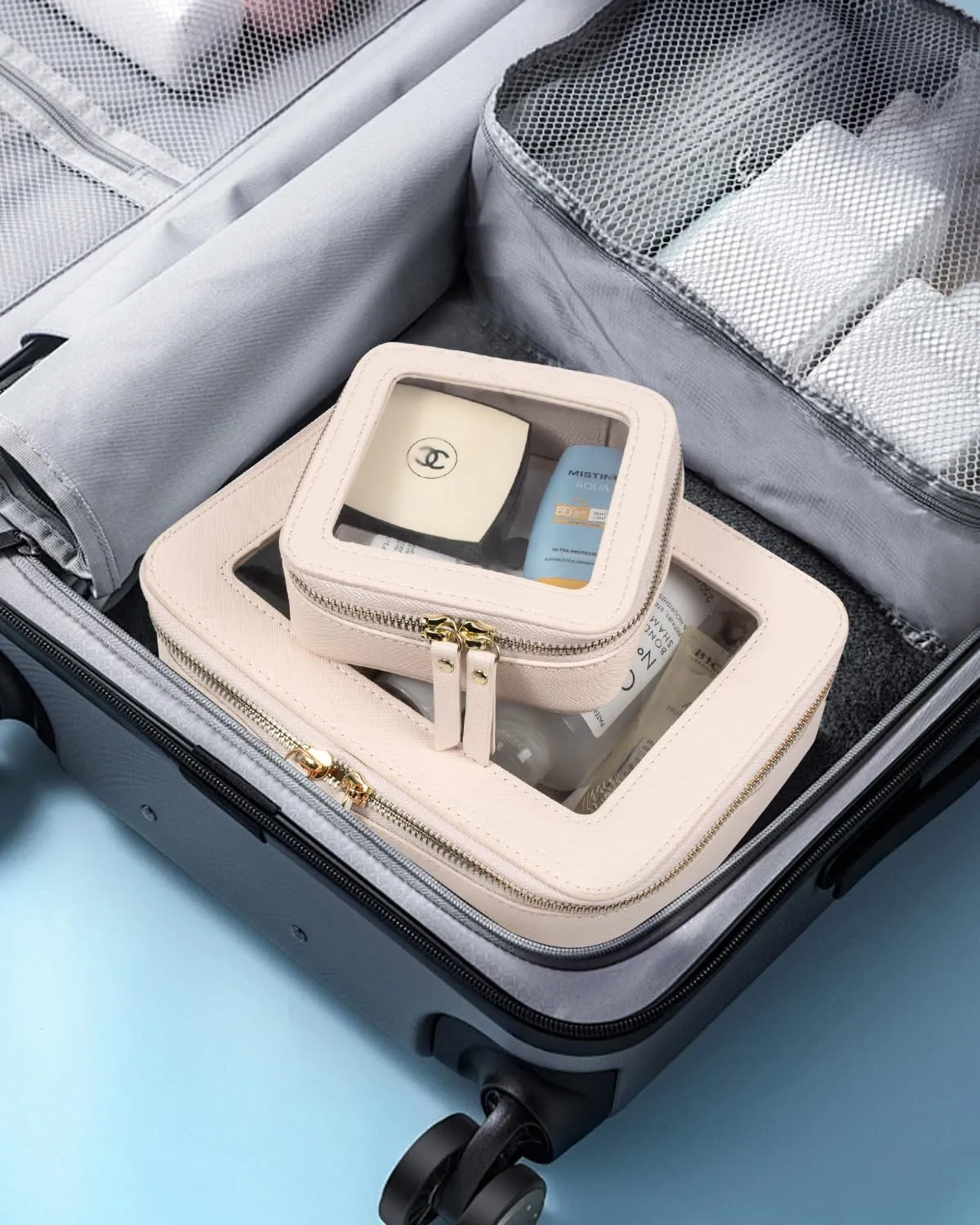 LETGO Clear Makeup Bags Set - TSA Approved Toiletry Bag with Handle Large Opening, Clear Toiletry Bags Case Pouch for Traveling Travel Car Orangizer Storage Essentials(Mini Large Beige)