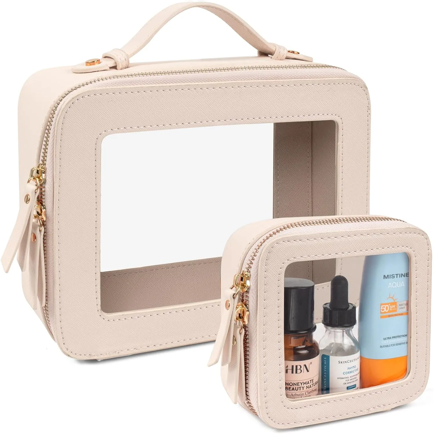LETGO Clear Makeup Bags Set - TSA Approved Toiletry Bag with Handle Large Opening, Clear Toiletry Bags Case Pouch for Traveling Travel Car Orangizer Storage Essentials(Mini Large Beige)
