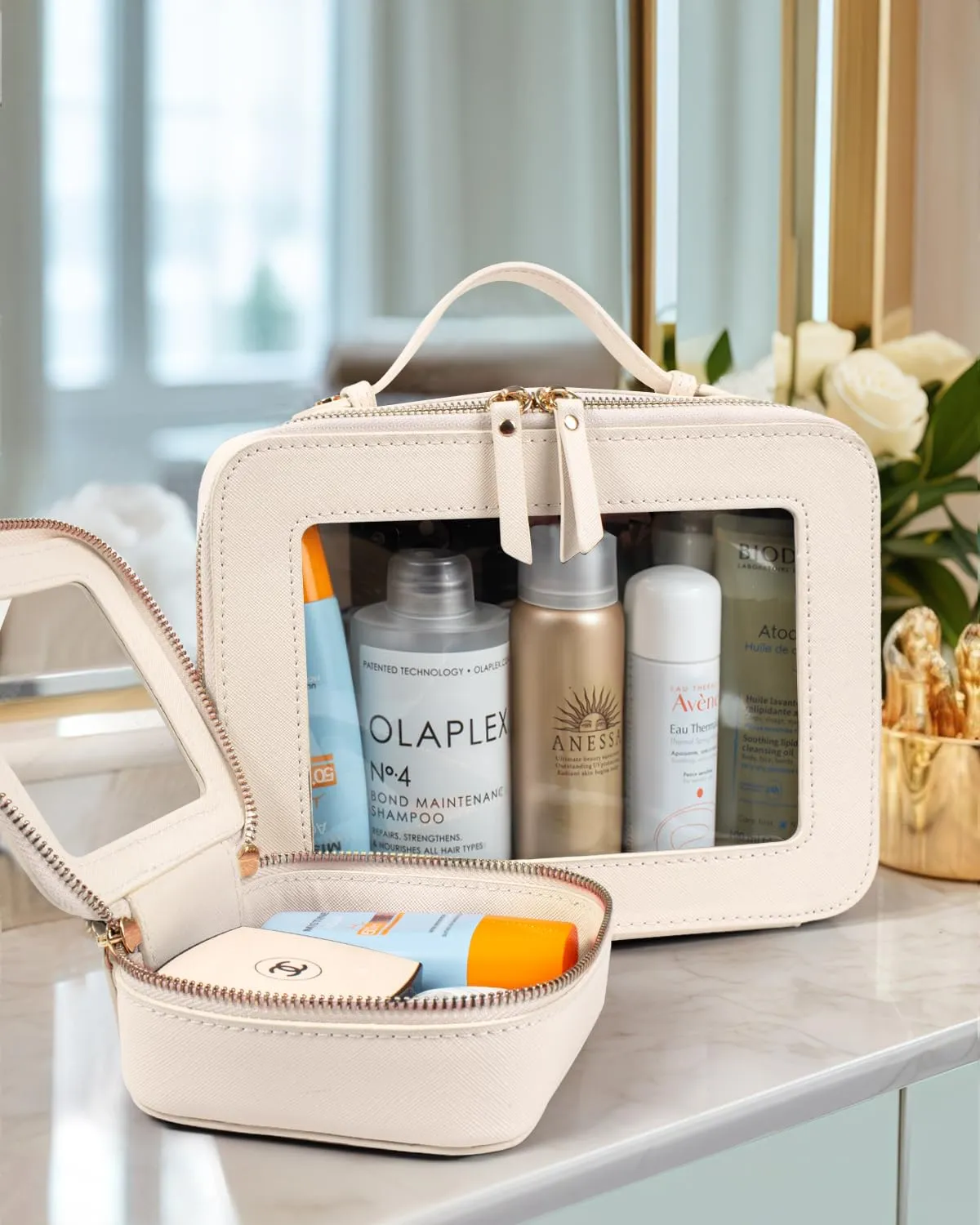 LETGO Clear Makeup Bags Set - TSA Approved Toiletry Bag with Handle Large Opening, Clear Toiletry Bags Case Pouch for Traveling Travel Car Orangizer Storage Essentials(Mini Large Beige)