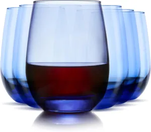 Libbey Classic Blue All-Purpose Stemless Wine Glass Set, Timeless Wine Glasses Set of 6, 15.25 Oz, Modern Wine Glasses Set for Dinners and Weeknights