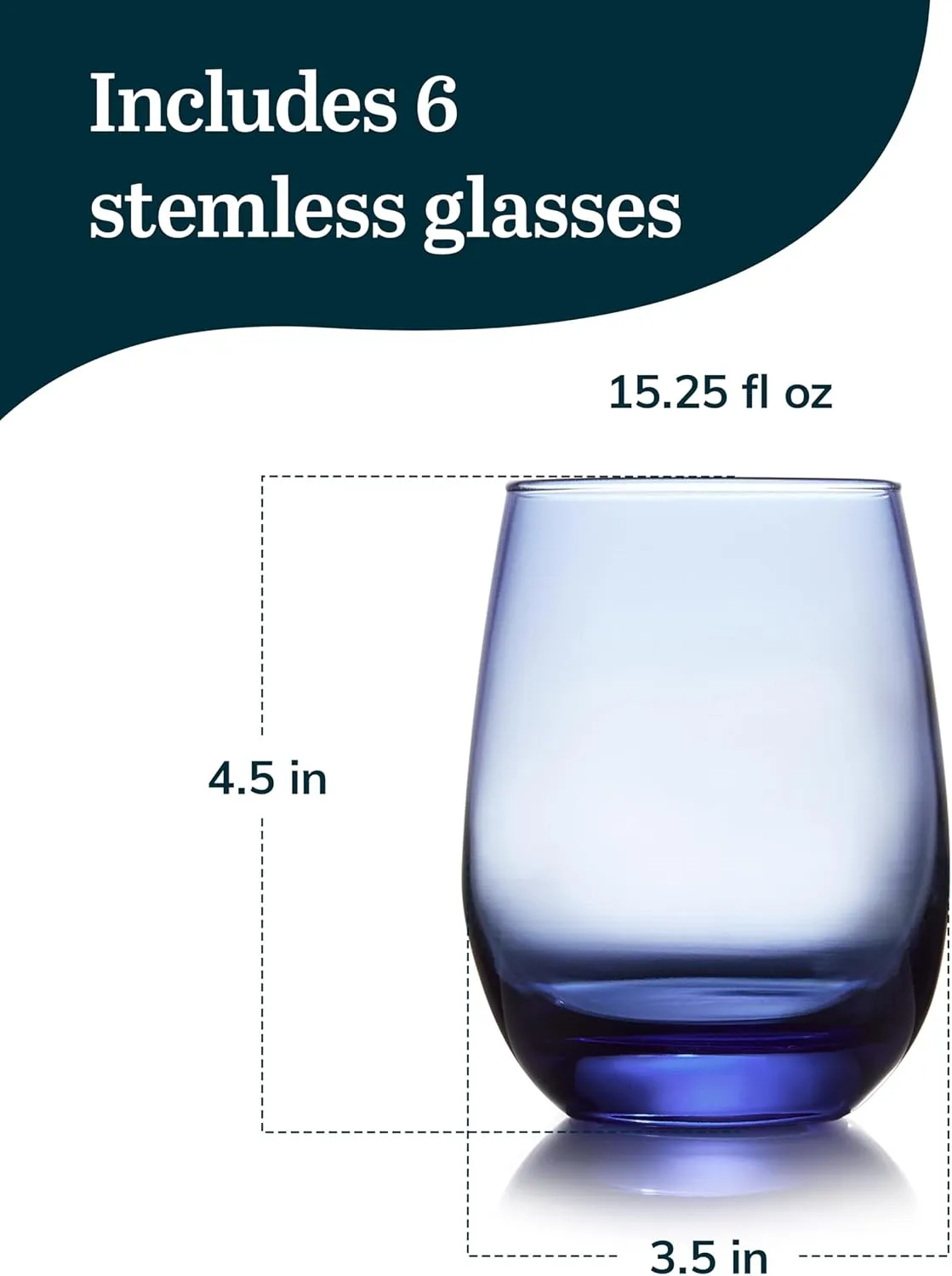 Libbey Classic Blue All-Purpose Stemless Wine Glass Set, Timeless Wine Glasses Set of 6, 15.25 Oz, Modern Wine Glasses Set for Dinners and Weeknights