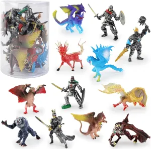Liberty Imports 12 Pack: Medieval Knights & Fantasy Dragons Figurines Set - Mythical Creatures with Knights, Dragons, Wyvern, Griffin, and More - Mini Toy Figures for Kids