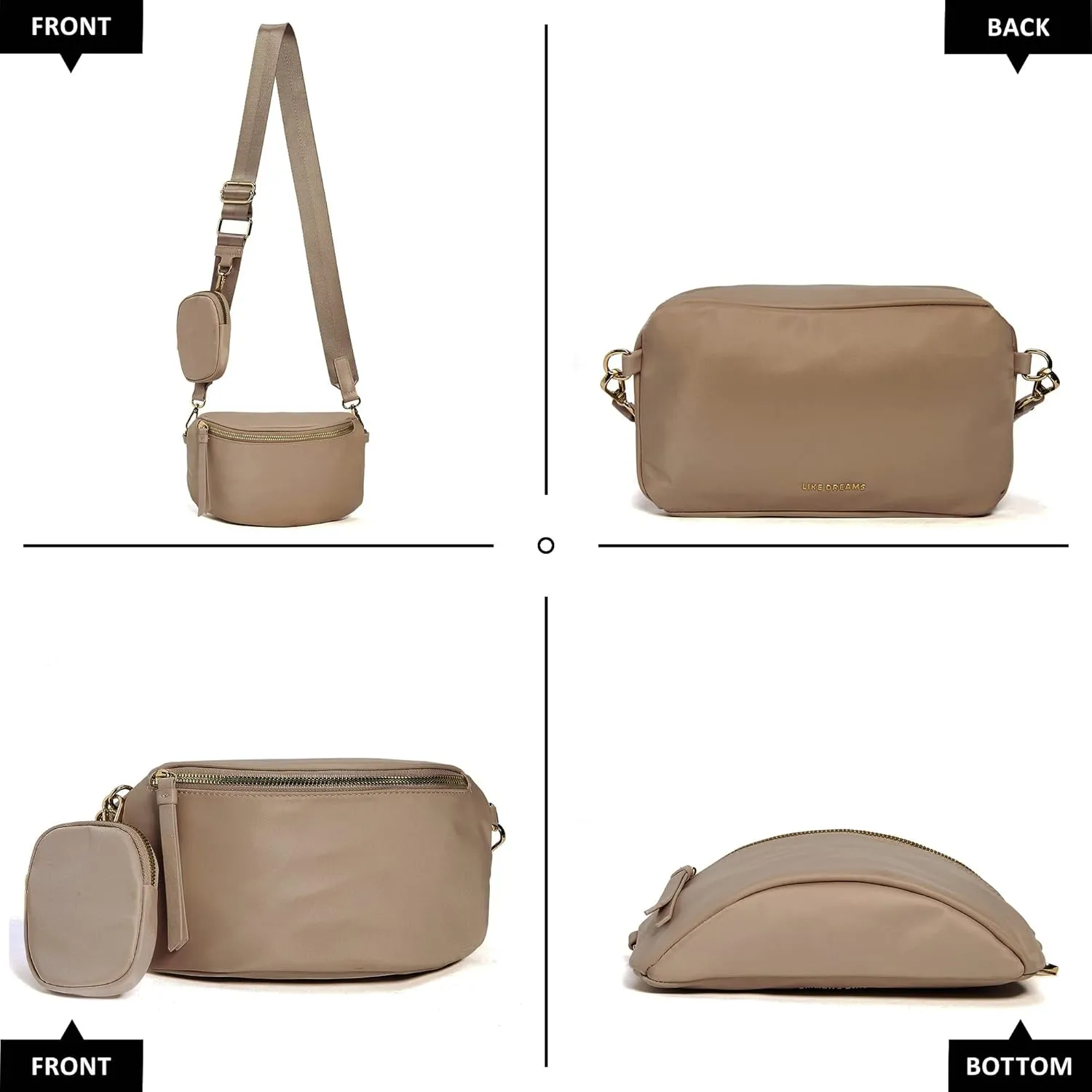 Like Dreams Small Crossbody Bum Bag for Women | Lightweight Nylon Fanny Pack with Detachable Airpods Pouch | Stylish Crossbody Bag (Nude)