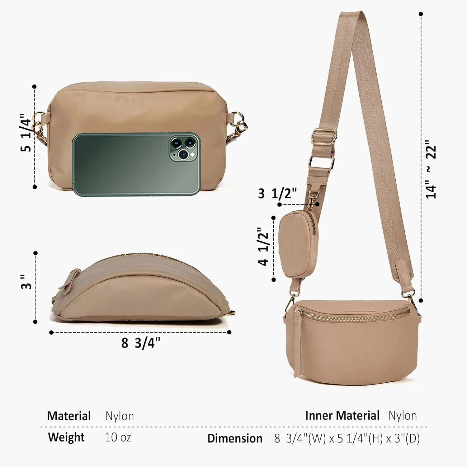 Like Dreams Small Crossbody Bum Bag for Women | Lightweight Nylon Fanny Pack with Detachable Airpods Pouch | Stylish Crossbody Bag (Nude)