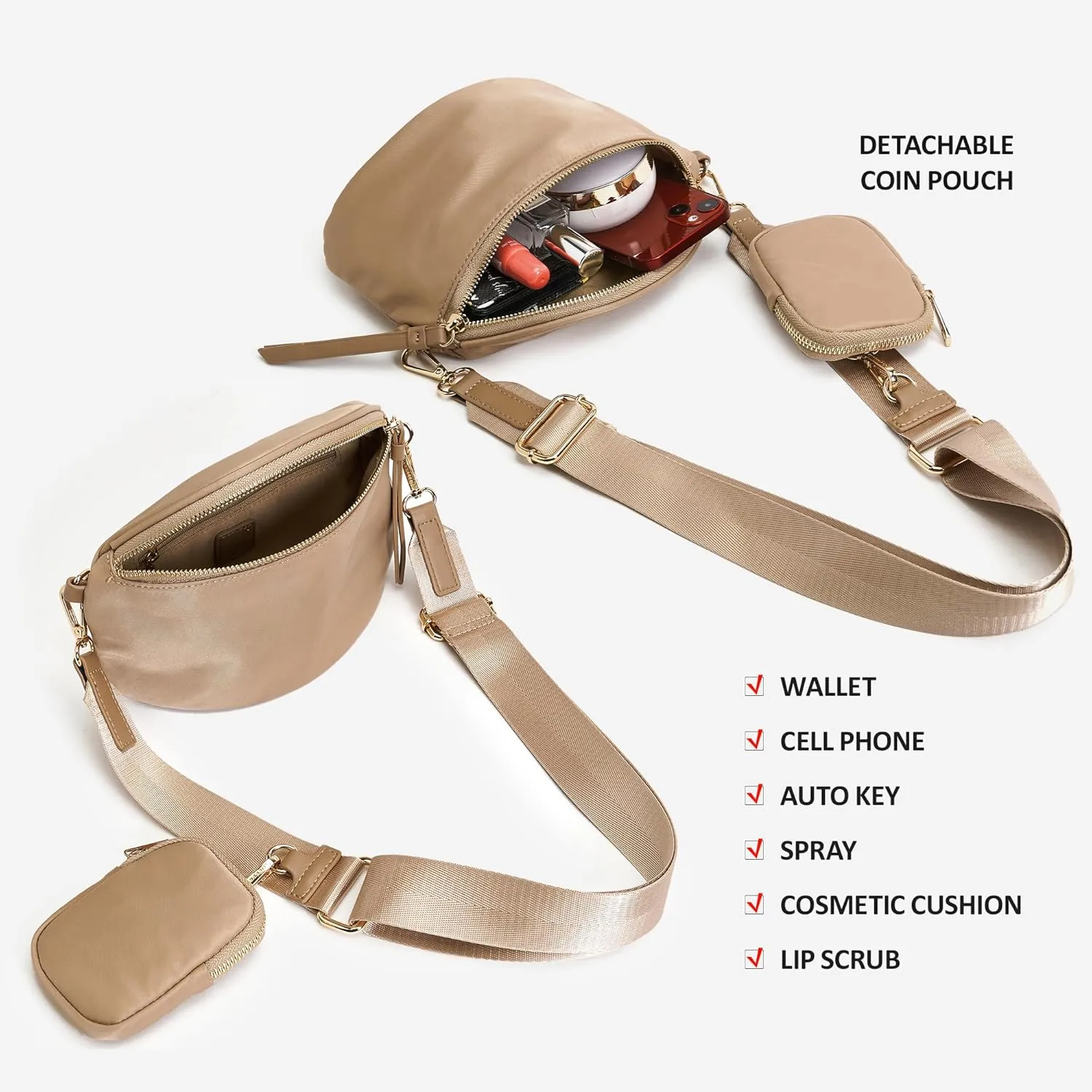 Like Dreams Small Crossbody Bum Bag for Women | Lightweight Nylon Fanny Pack with Detachable Airpods Pouch | Stylish Crossbody Bag (Nude)