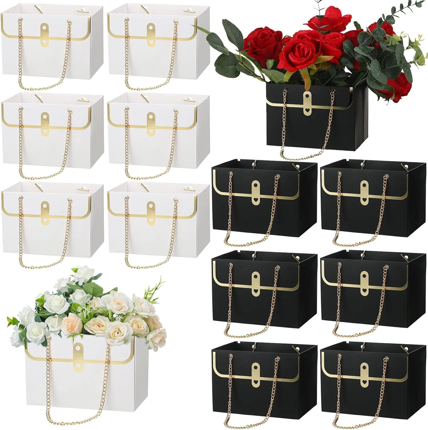 Lincia 12 Pcs Paper Flower Gift Bags Wedding Bouquet Flower Box with Handle Boxes for Arrangements Gift Wrapping Bags Florist Handbag for Wedding Baby Shower Party(Black, White)
