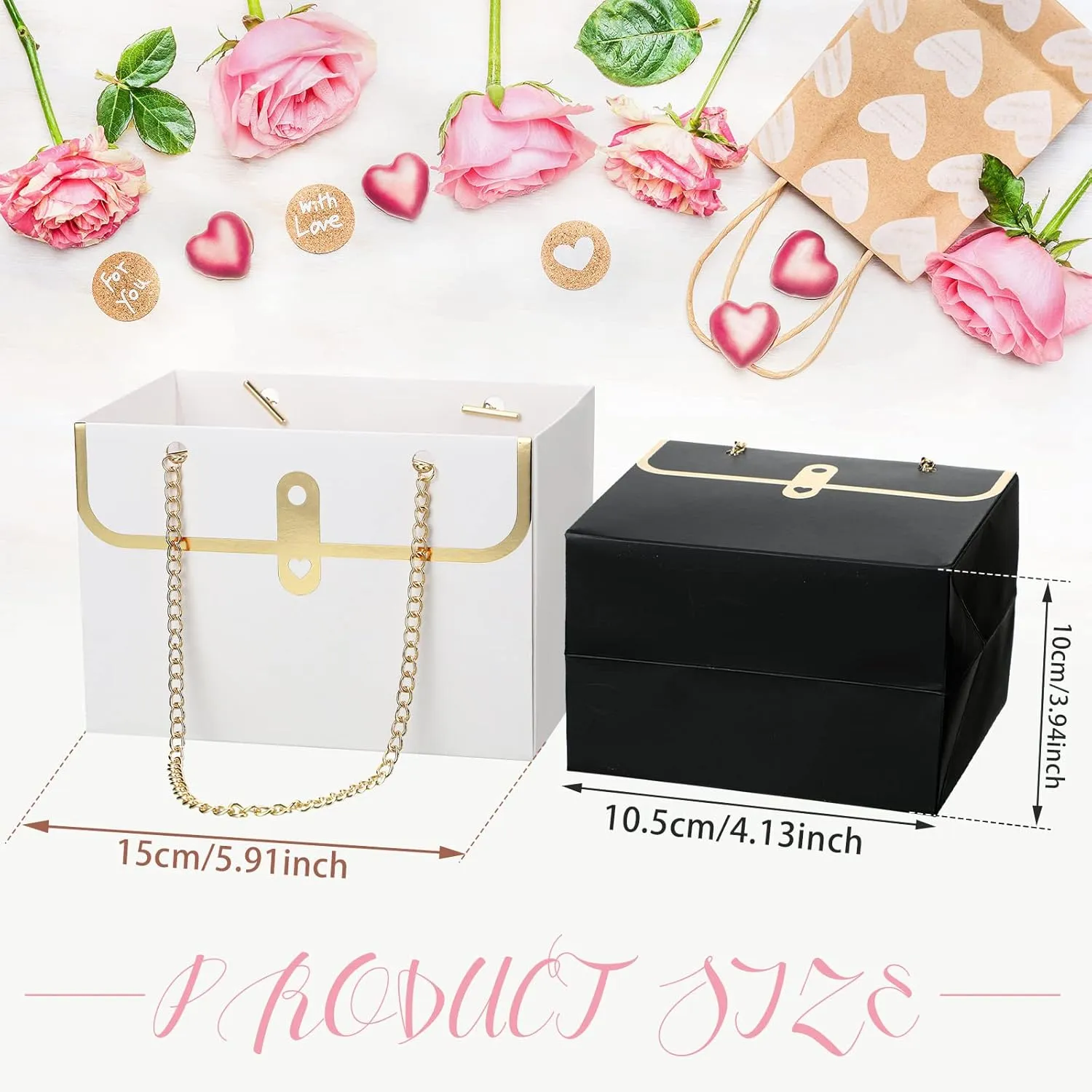 Lincia 12 Pcs Paper Flower Gift Bags Wedding Bouquet Flower Box with Handle Boxes for Arrangements Gift Wrapping Bags Florist Handbag for Wedding Baby Shower Party(Black, White)