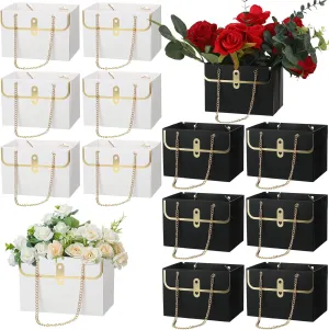 Lincia 12 Pcs Paper Flower Gift Bags Wedding Bouquet Flower Box with Handle Boxes for Arrangements Gift Wrapping Bags Florist Handbag for Wedding Baby Shower Party(Black, White)