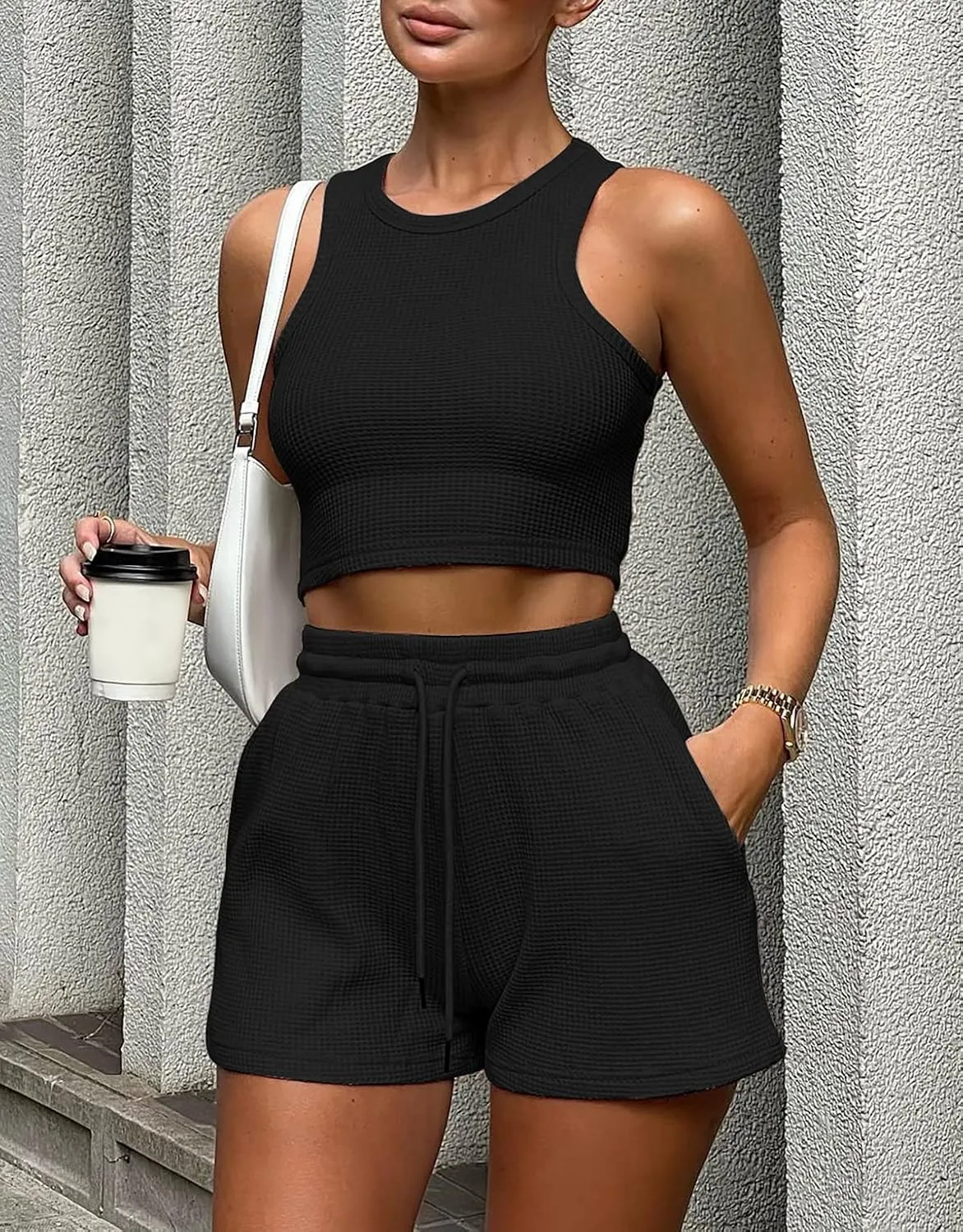 Lingswallow 2 Piece Women Lounge Sets - Sleeveless Crop Top and Shorts Waffle Lounge Set Tracksuits Sweatsuits for Women