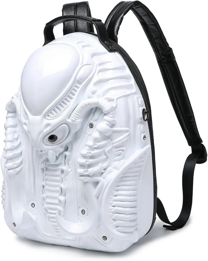 LipSki 3D Xenomorph Shaped Backpack, Steam Punk for Men or Women Y2K Personality Travel Handbag PVC Unique Novelty Alien Purse (white)