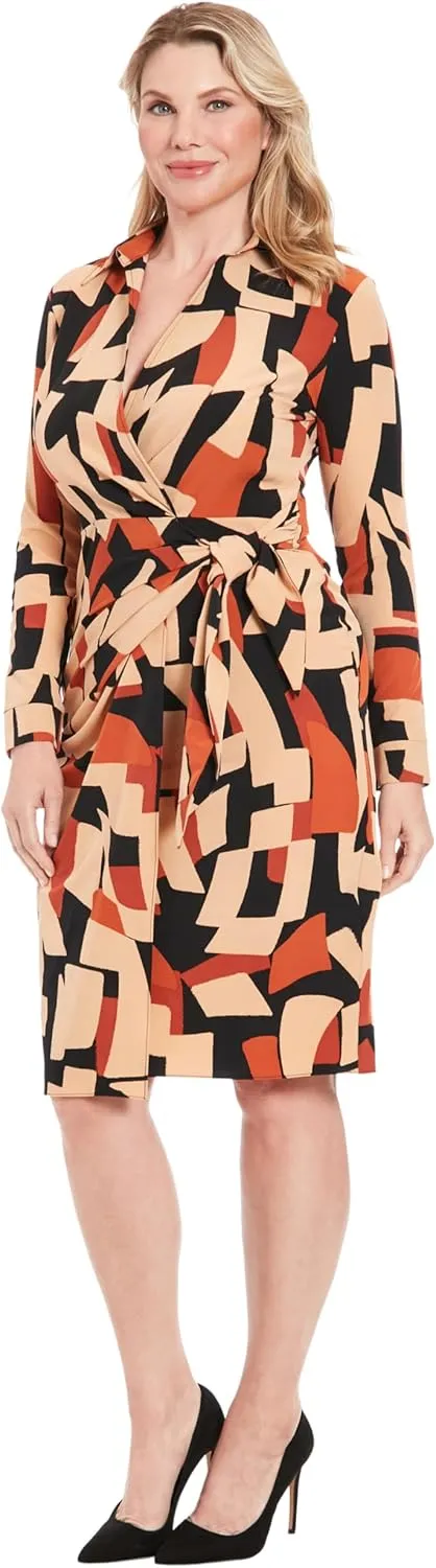 London Times Women's Faux Wrap Side Tie Long Sleeve Midi Dress
