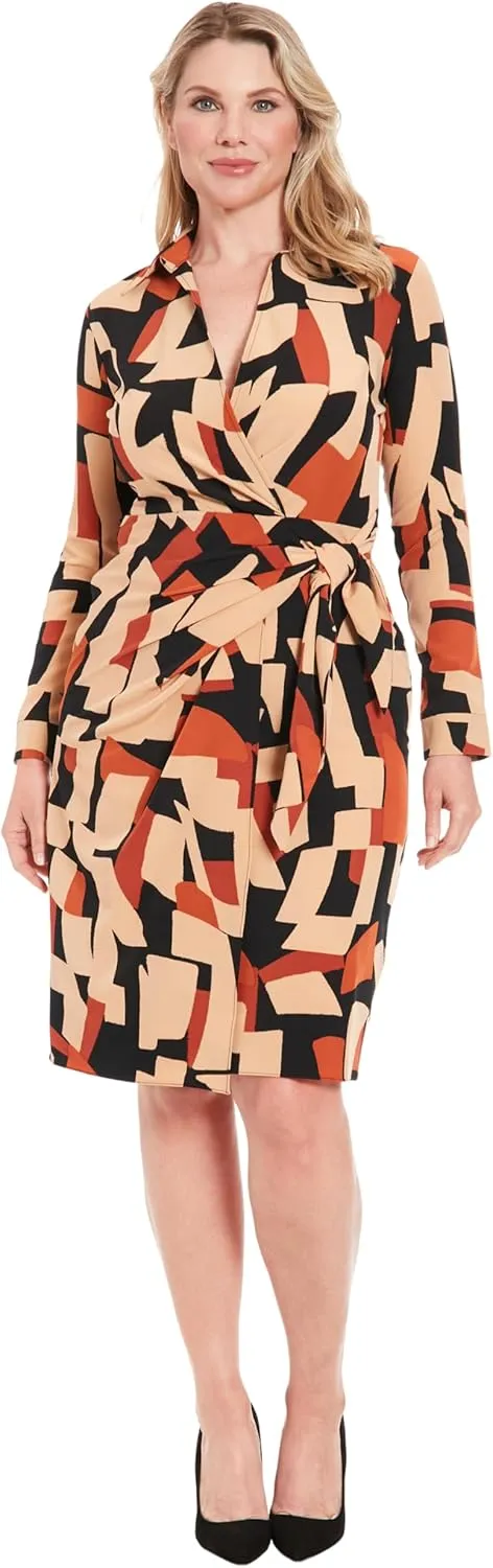London Times Women's Faux Wrap Side Tie Long Sleeve Midi Dress