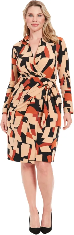 London Times Women's Faux Wrap Side Tie Long Sleeve Midi Dress