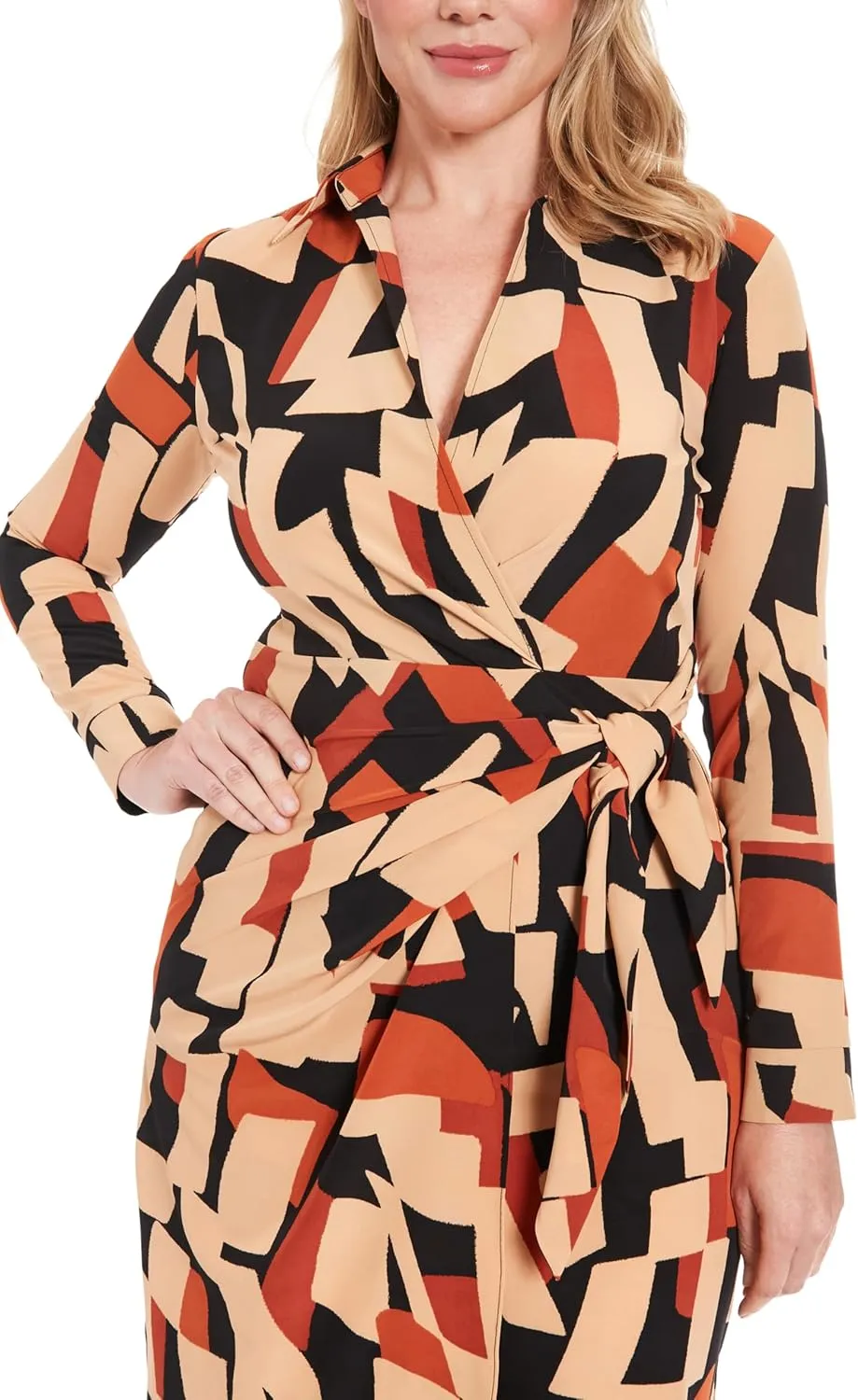 London Times Women's Faux Wrap Side Tie Long Sleeve Midi Dress