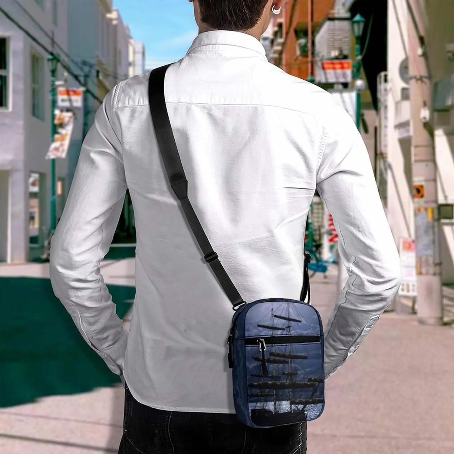 Lonely Sailboat in the Sea Against Full Moon Cloud Dark Blue Adjustable Fanny Waist Pack Pouch, Waterproof Crossbody Runners Bag Wallet for Gym Hiking Fitness Women Men 6.1 x 2.2 x 7.9 inch