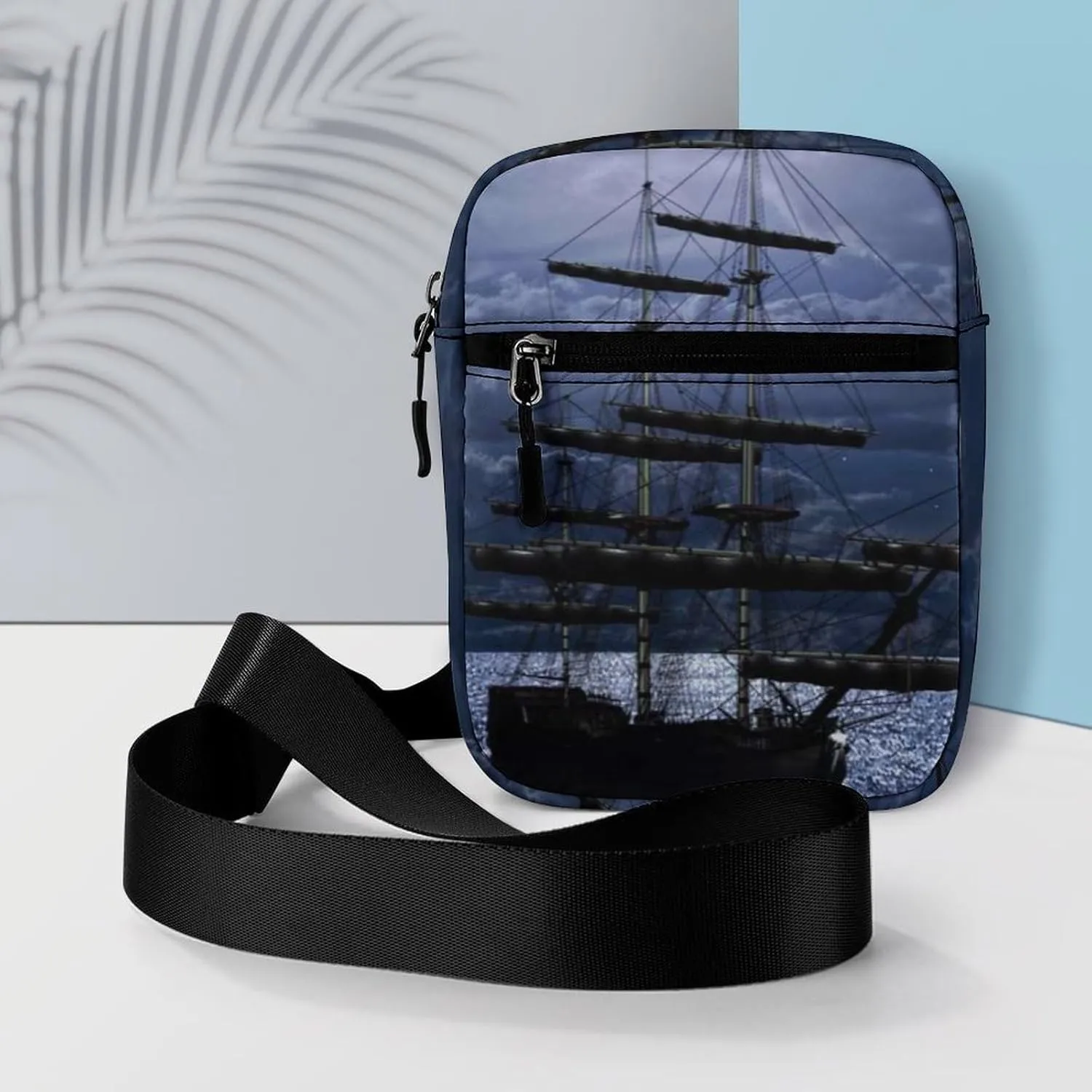 Lonely Sailboat in the Sea Against Full Moon Cloud Dark Blue Adjustable Fanny Waist Pack Pouch, Waterproof Crossbody Runners Bag Wallet for Gym Hiking Fitness Women Men 6.1 x 2.2 x 7.9 inch