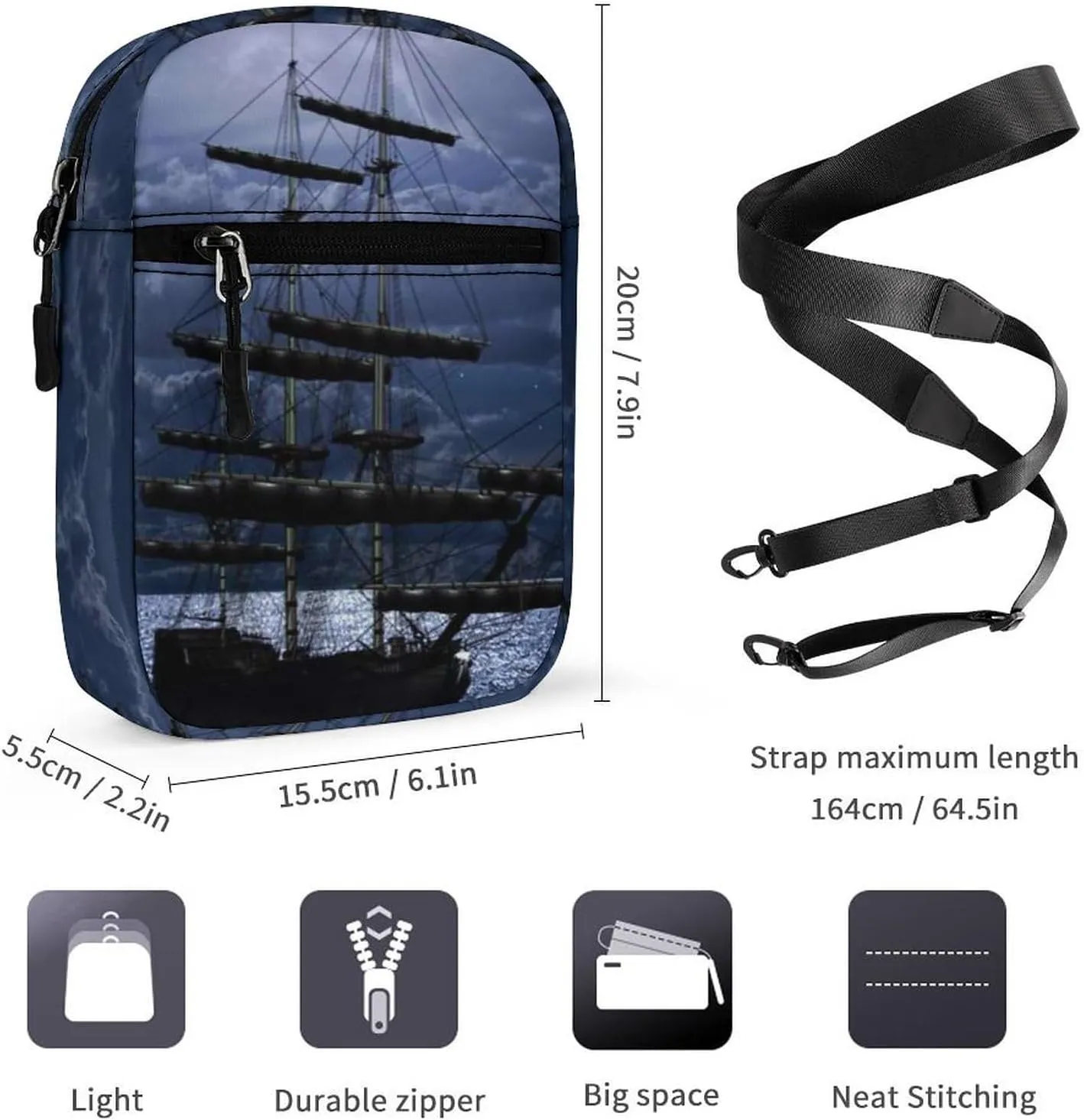 Lonely Sailboat in the Sea Against Full Moon Cloud Dark Blue Adjustable Fanny Waist Pack Pouch, Waterproof Crossbody Runners Bag Wallet for Gym Hiking Fitness Women Men 6.1 x 2.2 x 7.9 inch