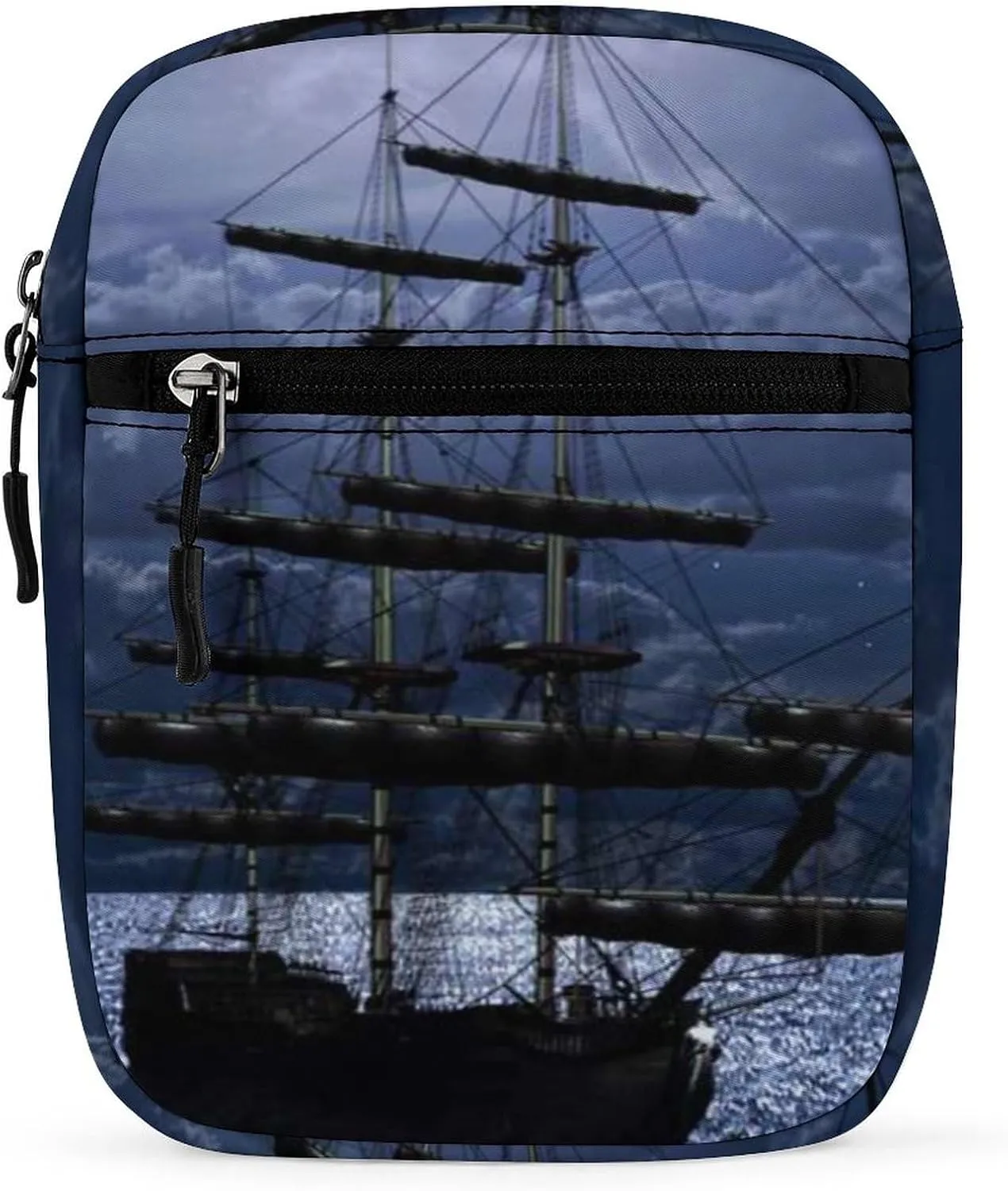 Lonely Sailboat in the Sea Against Full Moon Cloud Dark Blue Adjustable Fanny Waist Pack Pouch, Waterproof Crossbody Runners Bag Wallet for Gym Hiking Fitness Women Men 6.1 x 2.2 x 7.9 inch