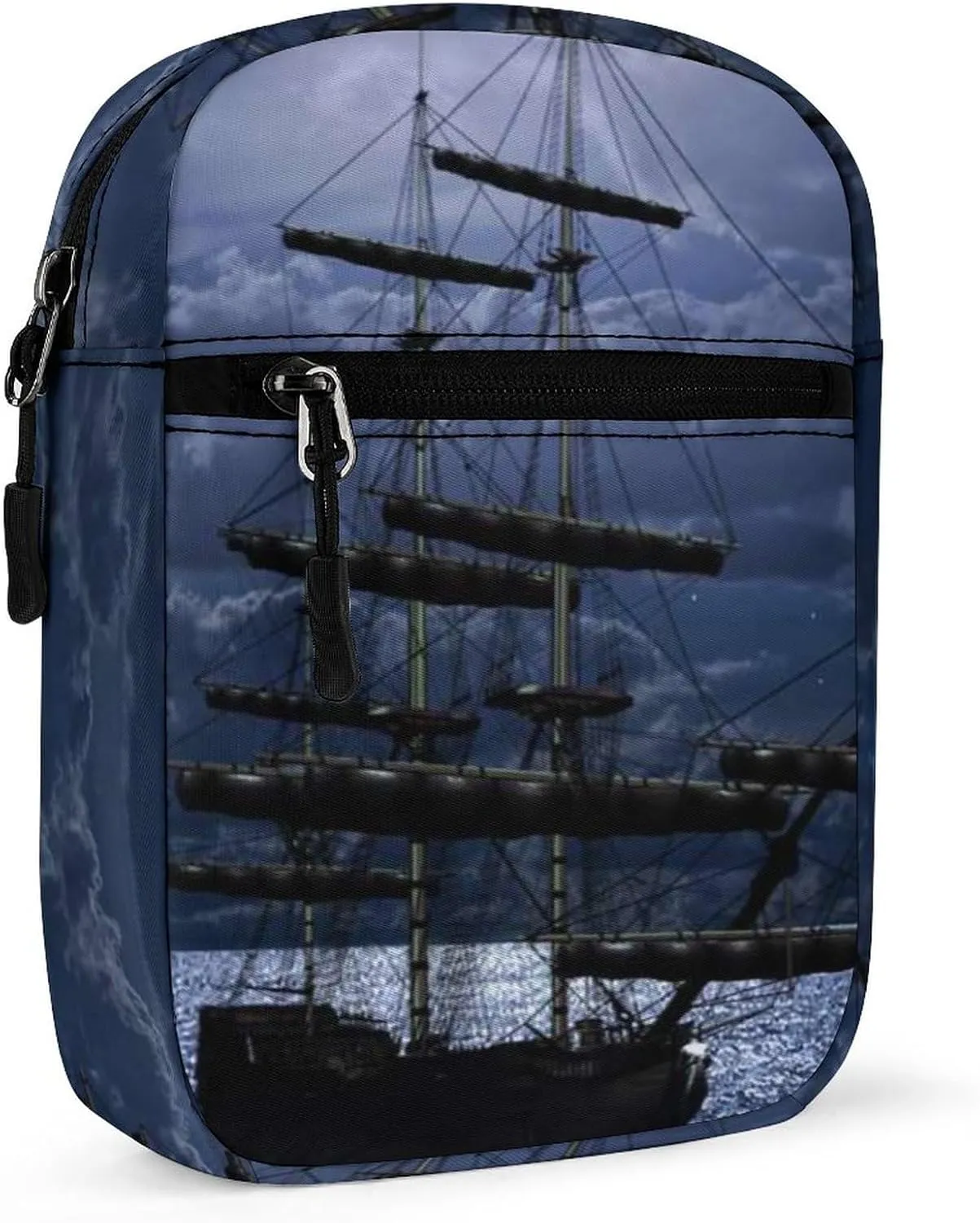 Lonely Sailboat in the Sea Against Full Moon Cloud Dark Blue Adjustable Fanny Waist Pack Pouch, Waterproof Crossbody Runners Bag Wallet for Gym Hiking Fitness Women Men 6.1 x 2.2 x 7.9 inch