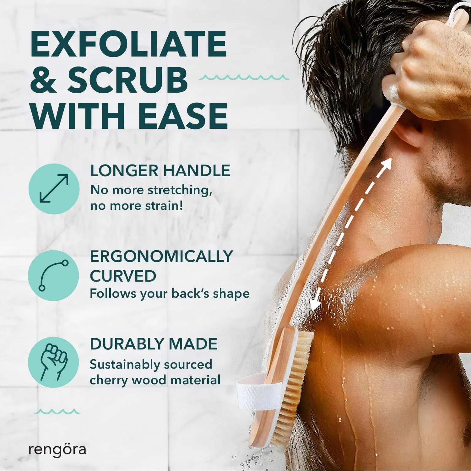 Long Handled Scrub Brush for Shower Body 20" Handle Back Scrub, Boar Bristle Shower Brush for Body, Long Handle Back Scrubber Exfoliator, Exfoliating Backscrubber Scrubbing Bathbrush Men and Women