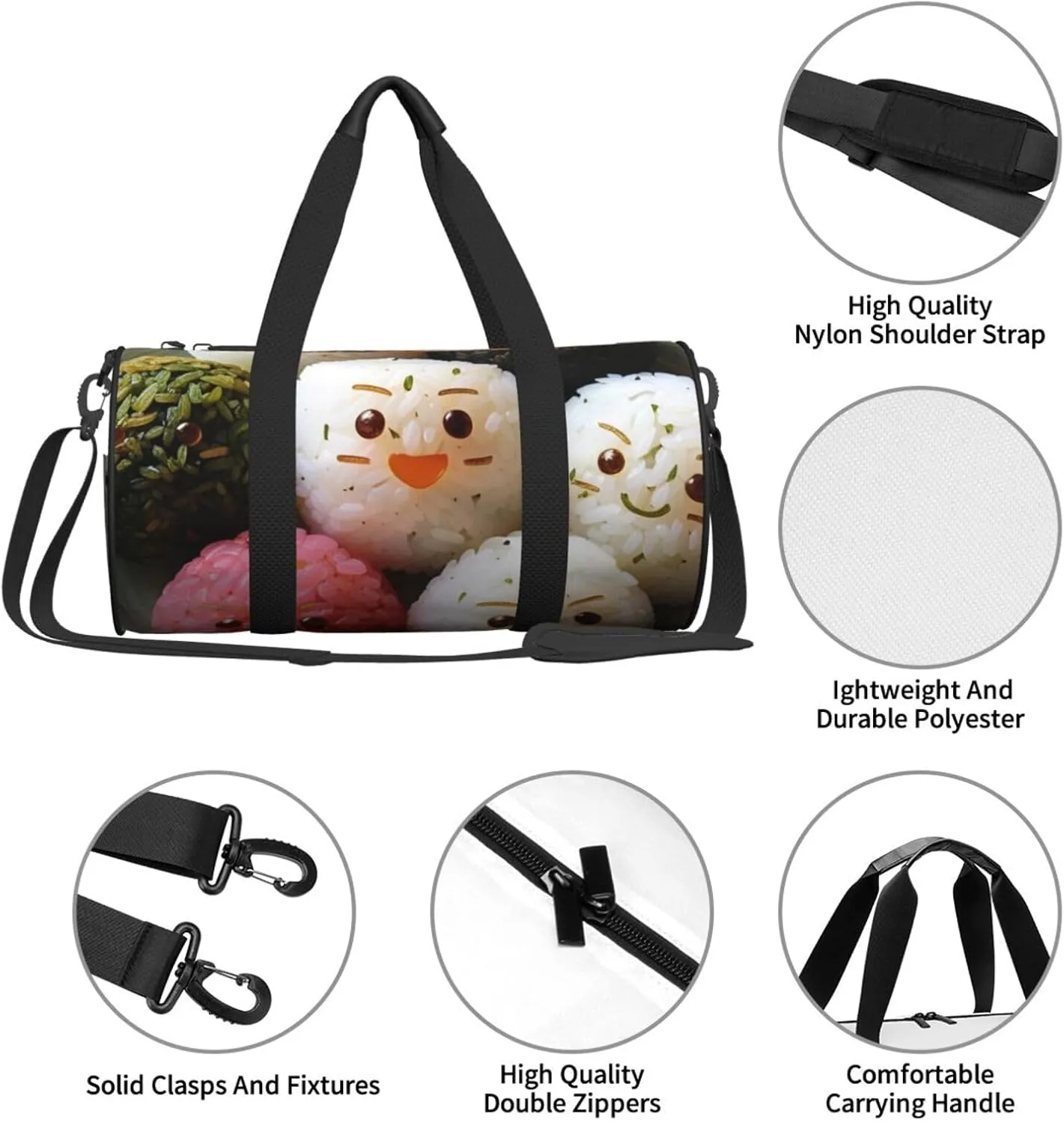 Lovely Rice Ball Printed Travel Bag,Round Personal Item Storage bag,Foldie Duffel Bag for Traveling Vacation,Fitness,Sports