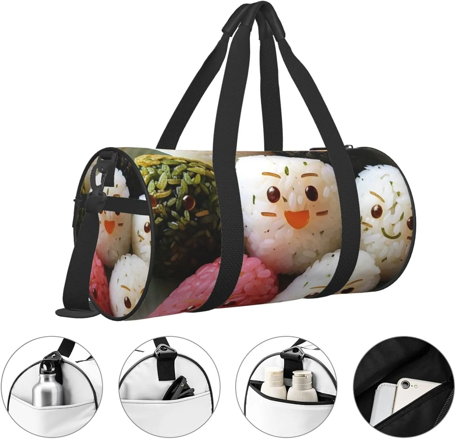 Lovely Rice Ball Printed Travel Bag,Round Personal Item Storage bag,Foldie Duffel Bag for Traveling Vacation,Fitness,Sports