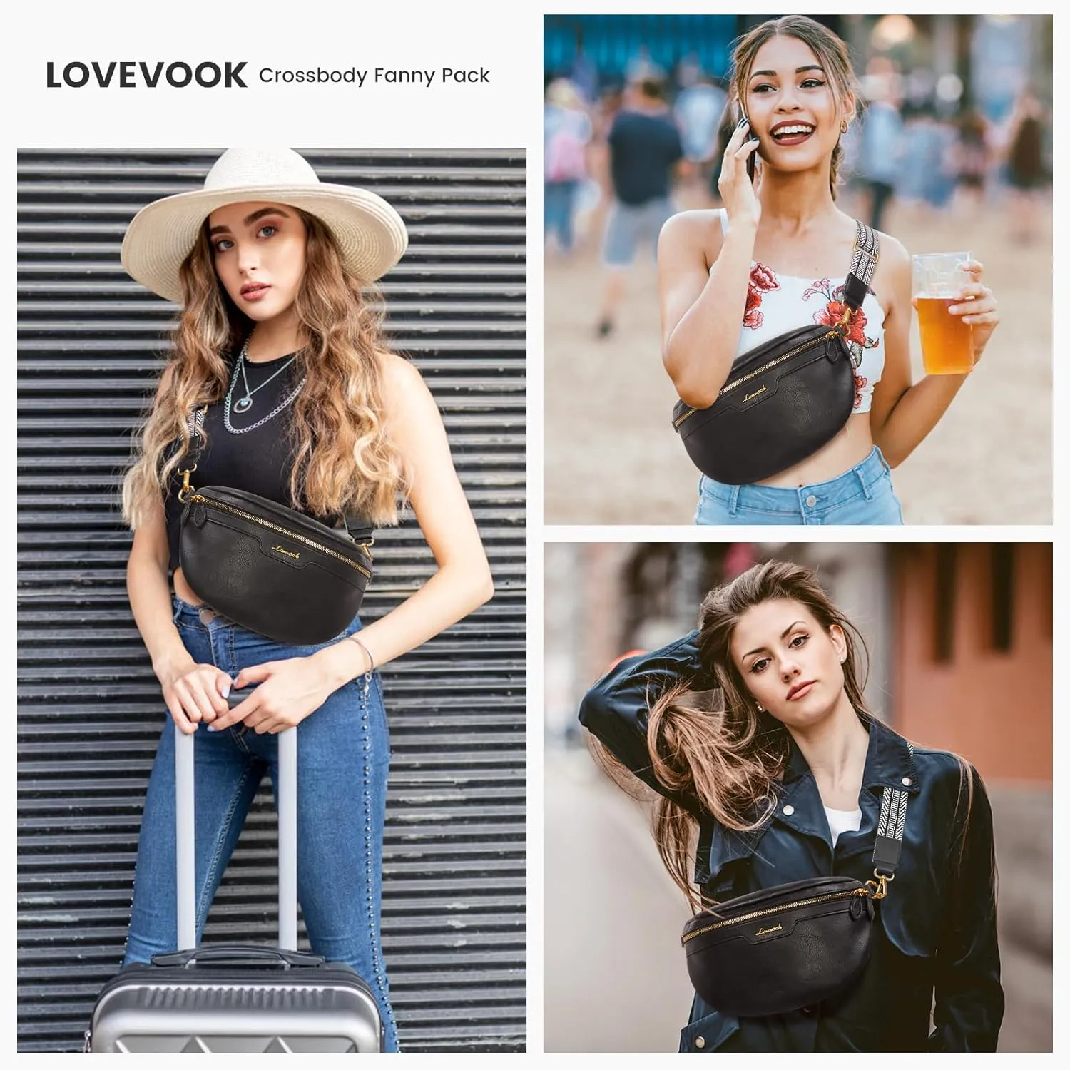 LOVEVOOK Fanny Packs for Women Cross Body, Vegan Leather Belt Bag for Women, Waterproof Sling Purse Fashion Waist Pack Designer Chest Bum Bag with Boho Style Strap