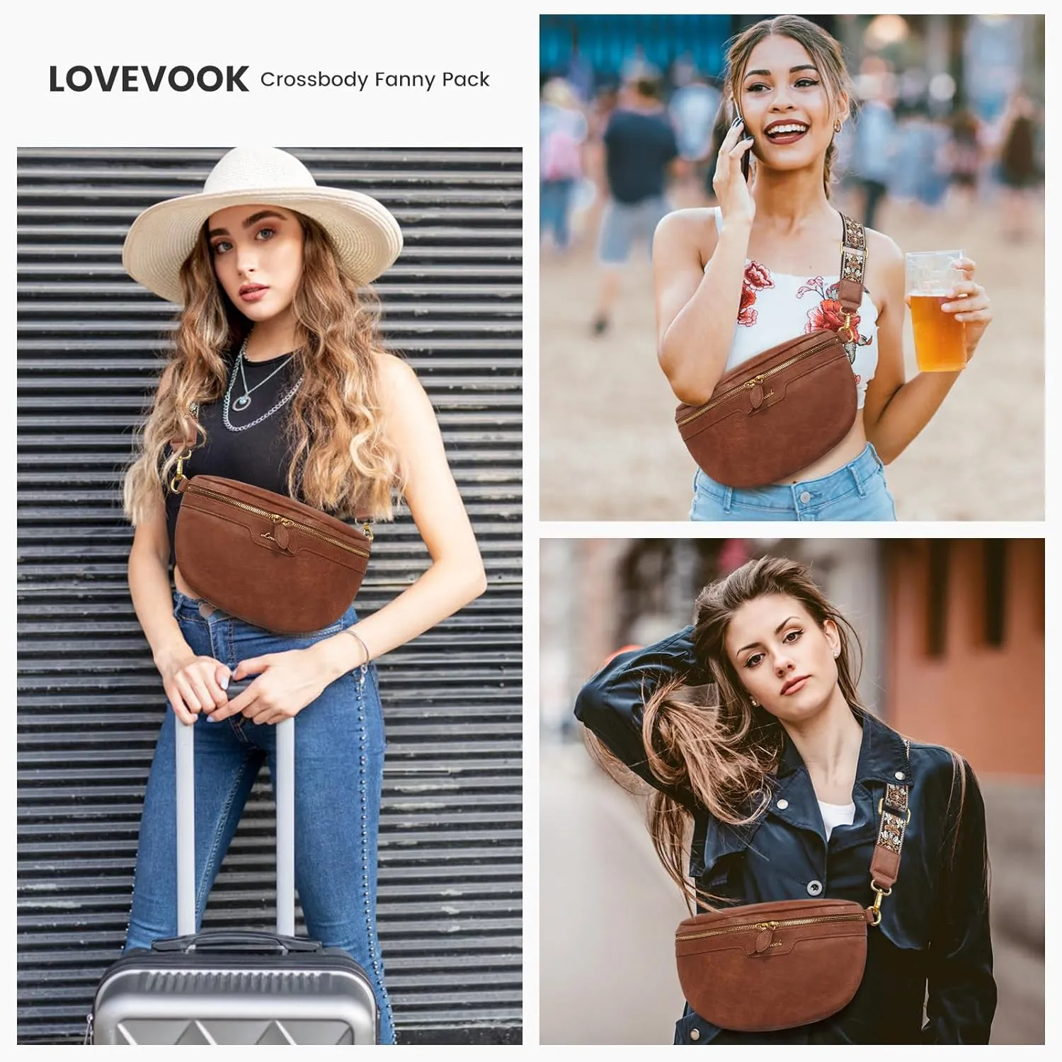LOVEVOOK Fanny Packs for Women Cross Body, Vegan Leather Belt Bag for Women, Waterproof Sling Purse Fashion Waist Pack Designer Chest Bum Bag with Boho Style Strap
