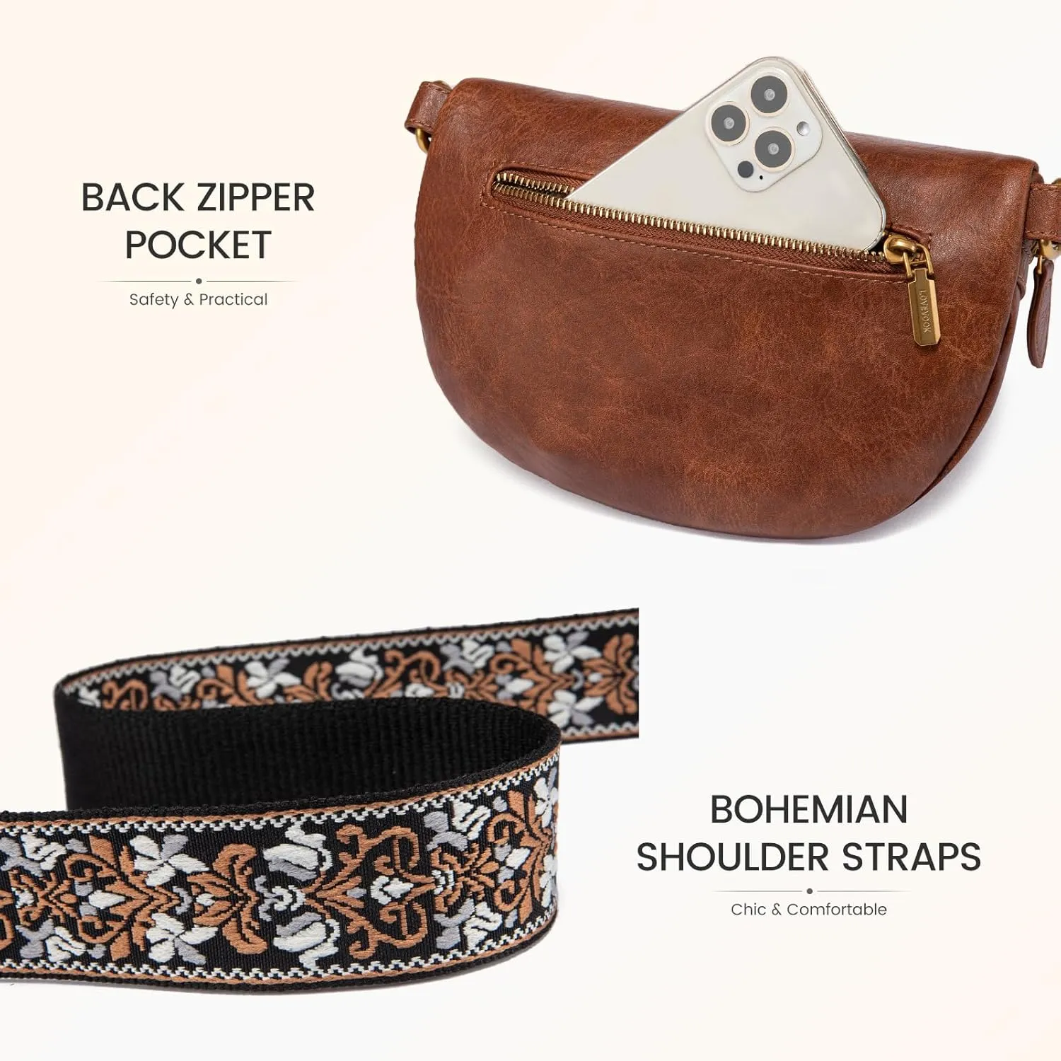 LOVEVOOK Fanny Packs for Women Cross Body, Vegan Leather Belt Bag for Women, Waterproof Sling Purse Fashion Waist Pack Designer Chest Bum Bag with Boho Style Strap