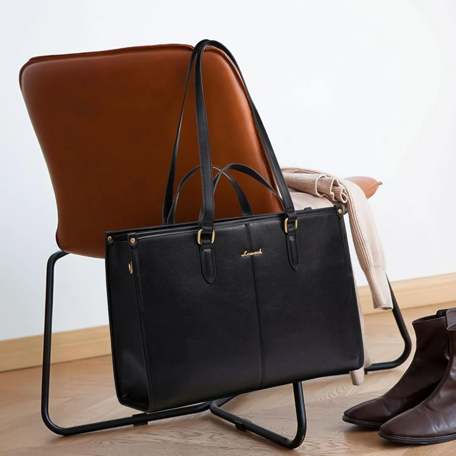 LOVEVOOK Vintage Leather Laptop Tote Bag - 17.3 inch Women's Work Bag with Clutch, Briefcase Shoulder Handbag for Business, Office, Teacher
