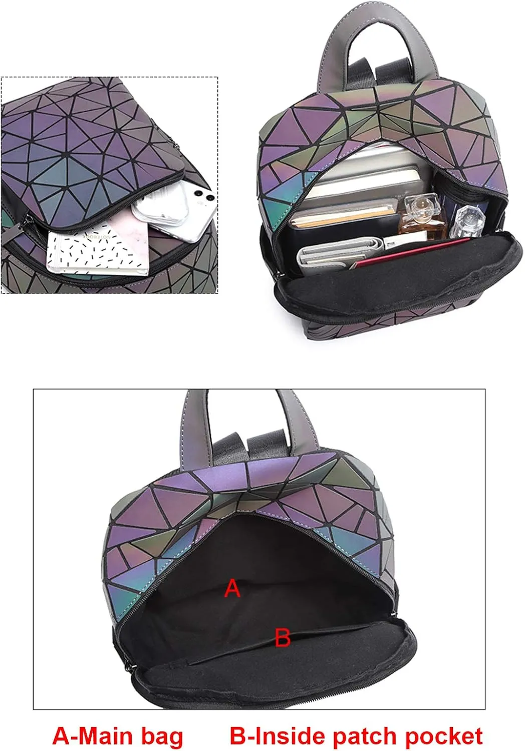 Luminous Geometric Backpacks Women Purses and Handbags Holographic Reflective Bags Iridescent Backpack A3