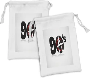 Lunarable 90s Fabric Pouch Set of 2, Nineties Revolution Energy Strength Fight Modern Times Victory Symbolic Art, Small Drawstring Bag for Toiletries Masks and Favors, 9" x 6", Pale Grey Red Black