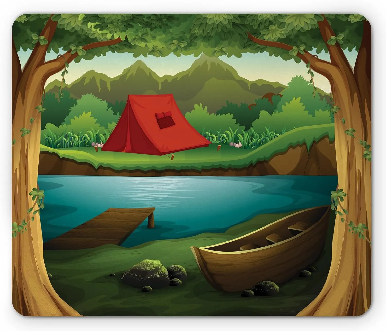 Lunarable Camping Mouse Pad, Idyllic Nature Scene of a Deep Forest with Lake and Mountains Cartoon Woodland, Standard Size Rectangle Non-Slip Rubber Mousepad, Multicolor