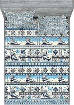 Lunarable Christmas Fitted Sheet & Pillow Sham Set, Winter Holiday Themed Snowy Atmosphere Mountain Range and Ice Skates Scandi, Decorative Printed 3 Piece Bedding Decor Set, King, Sky Blue Ivory