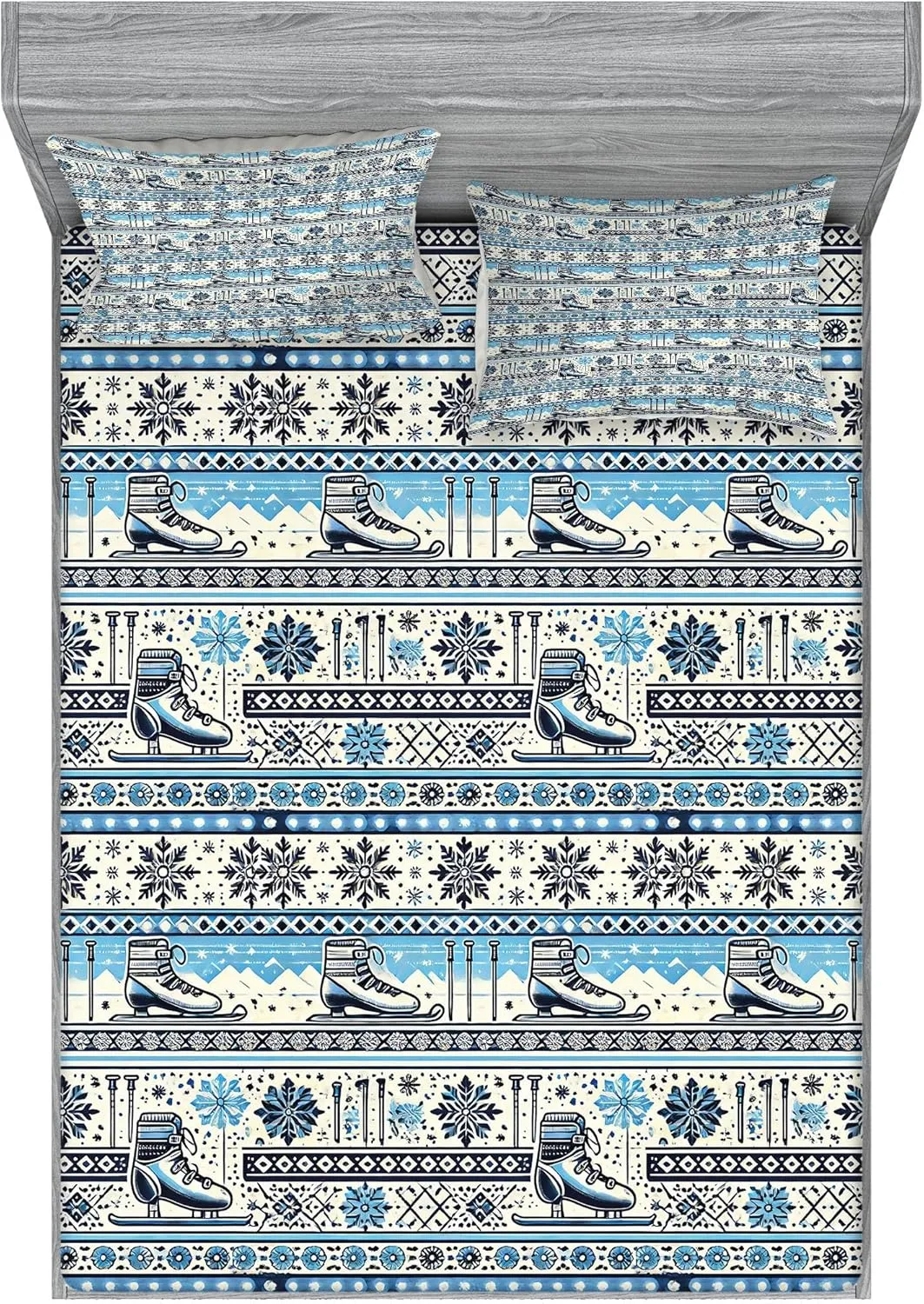 Lunarable Christmas Fitted Sheet & Pillow Sham Set, Winter Holiday Themed Snowy Atmosphere Mountain Range and Ice Skates Scandi, Decorative Printed 3 Piece Bedding Decor Set, King, Sky Blue Ivory