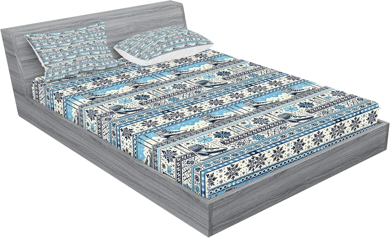 Lunarable Christmas Fitted Sheet & Pillow Sham Set, Winter Holiday Themed Snowy Atmosphere Mountain Range and Ice Skates Scandi, Decorative Printed 3 Piece Bedding Decor Set, King, Sky Blue Ivory
