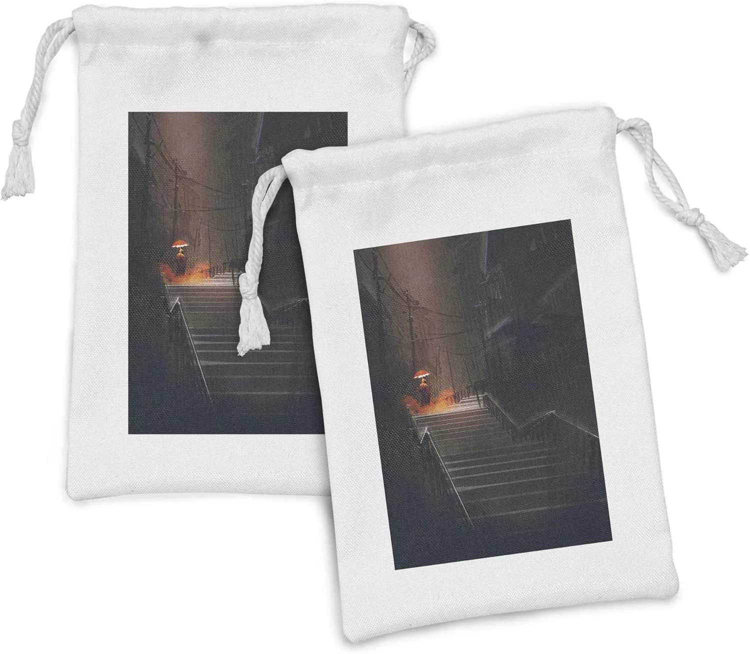 Lunarable Fantasy Fabric Pouch Set of 2, Mysterious Man with an Umbrella Walking Rain Stair Street Night Dramatic Image, Small Drawstring Bag for Toiletries Masks and Favors, 9" x 6", Mauve Purple