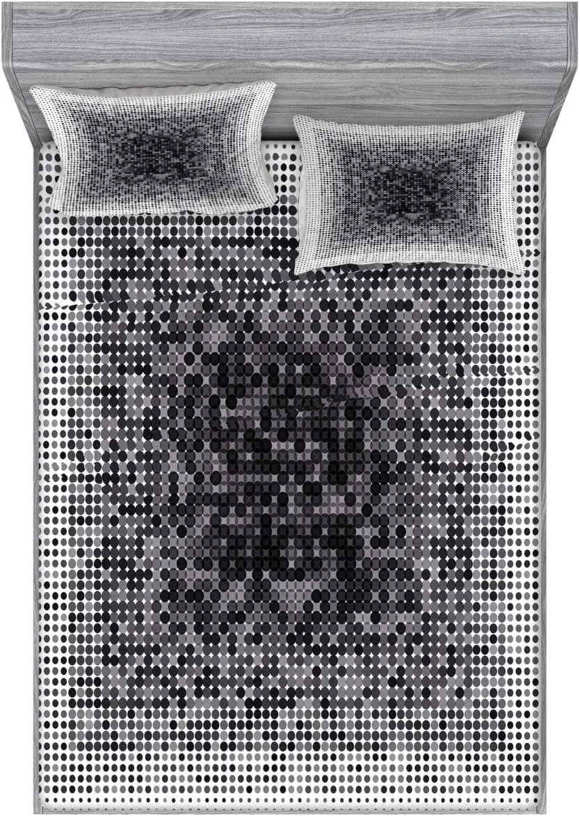Lunarable Modern Art Fitted Sheet & Pillow Sham Set, Digital Futuristic Pixel Tech-Art with Dots Spots Artificial Abstract Pattern, Decorative Printed 3 Piece Bedding Decor Set, Full, Grey Black