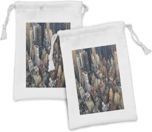 Lunarable NYC Fabric Pouch Set of 2, Manhattan Skyline Aerial View Street and Skyscrapers Avenue High Buildings Scene, Small Drawstring Bag for Toiletries Masks and Favors, 9" x 6", Multicolor