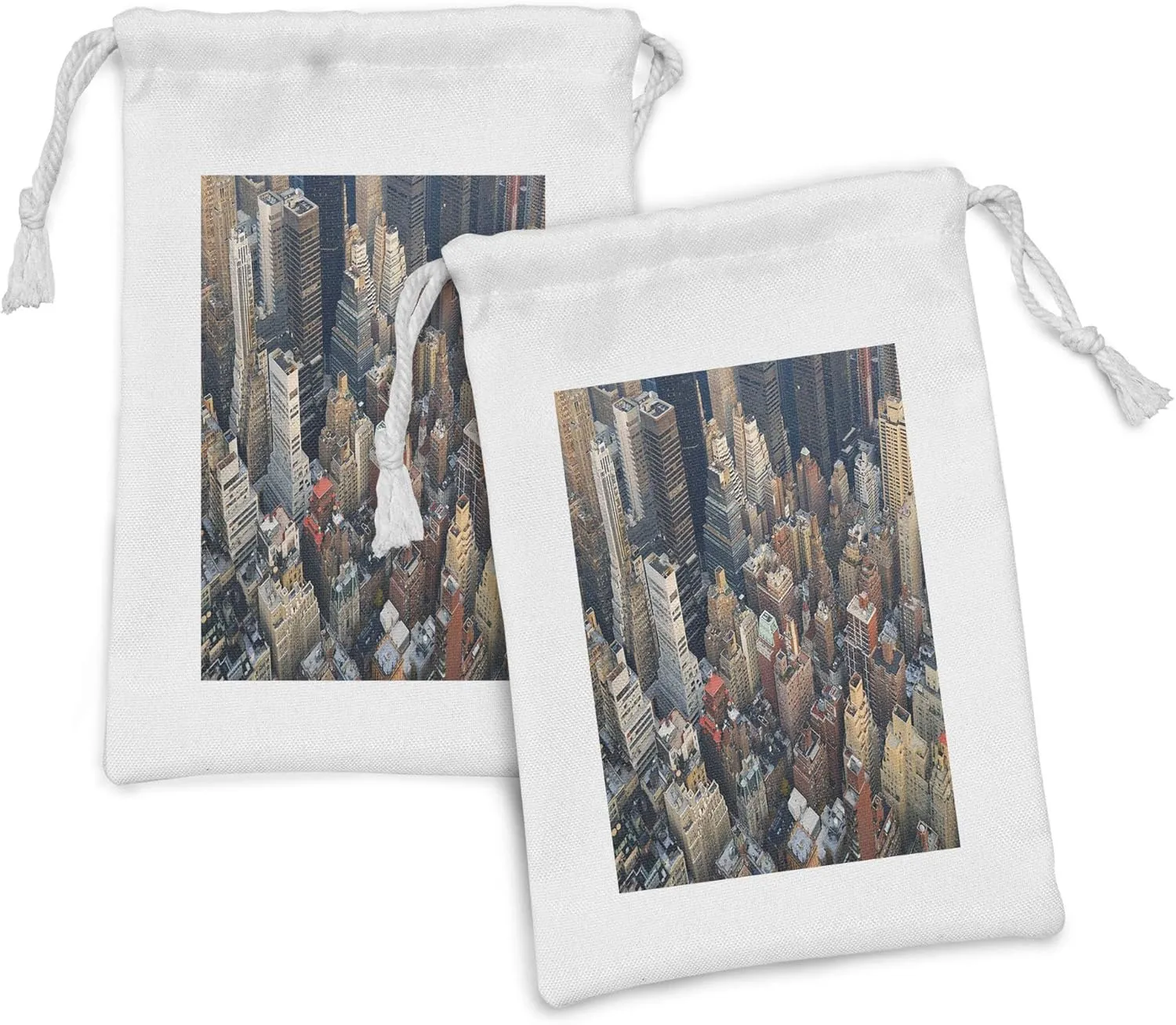 Lunarable NYC Fabric Pouch Set of 2, Manhattan Skyline Aerial View Street and Skyscrapers Avenue High Buildings Scene, Small Drawstring Bag for Toiletries Masks and Favors, 9" x 6", Multicolor