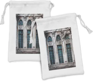 Lunarable Street Fabric Pouch Set of 2, Historic Apartment Wall View with Tall Window Openings Classic Style Ornamentations, Small Drawstring Bag for Toiletries Masks and Favors, 9" x 6", Multicolor