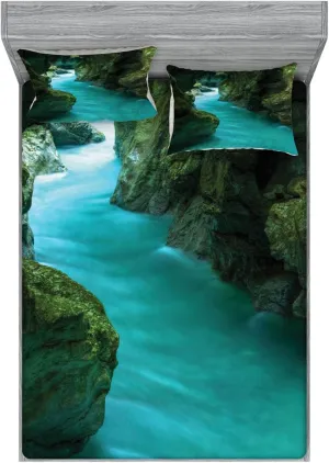 Lunarable Waterfall 2 Pack Fitted Sheet & Pillow Sham Set, Alpine River Caves Travel, 4 Pcs Bedding Decor, Package Contains 2 Calking Size Fitted Sheets & 4 Pillow Covers, Turquoise Dark Green
