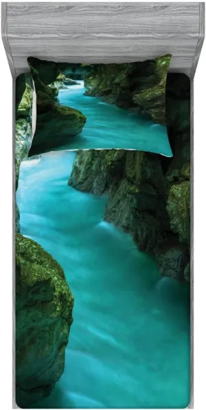 Lunarable Waterfall 2 Pack Fitted Sheet & Pillow Sham Set, Alpine River Caves Travel, 4 Pcs Bedding Decor, Package Contains 2 Twin XL Size Fitted Sheets & 2 Pillow Covers, Turquoise Dark Green